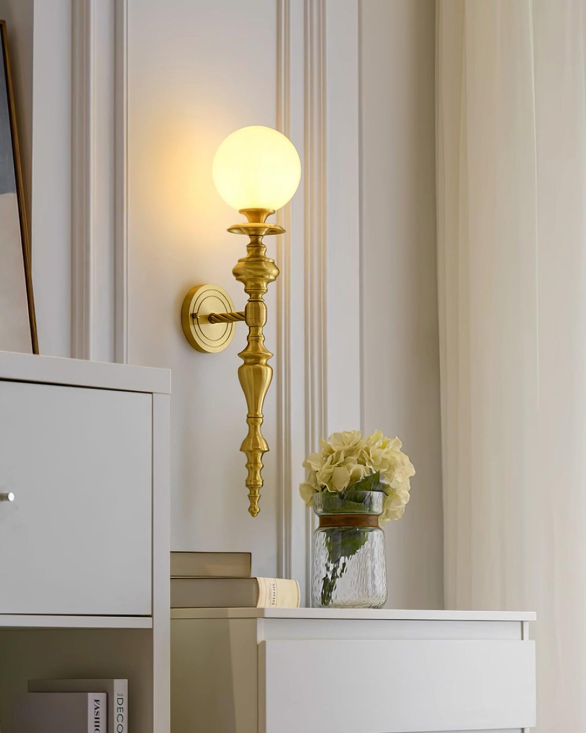 Wall Lamp Sculpted Brass Body Globe Shade Classic Elegant Statement-Neutral Decor