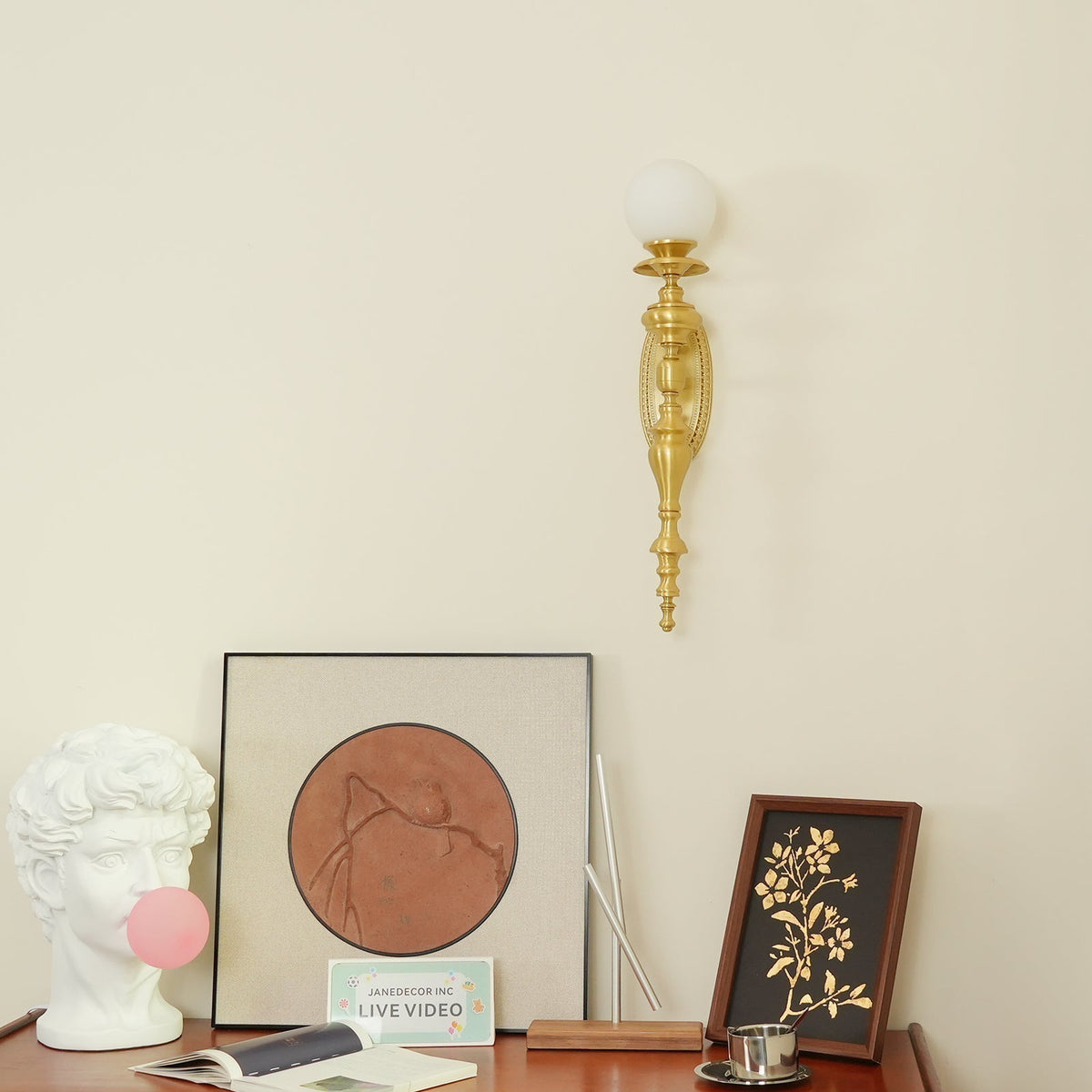 Wall Lamp Sculpted Brass Body Globe Shade Classic Elegant Statement-Neutral Decor