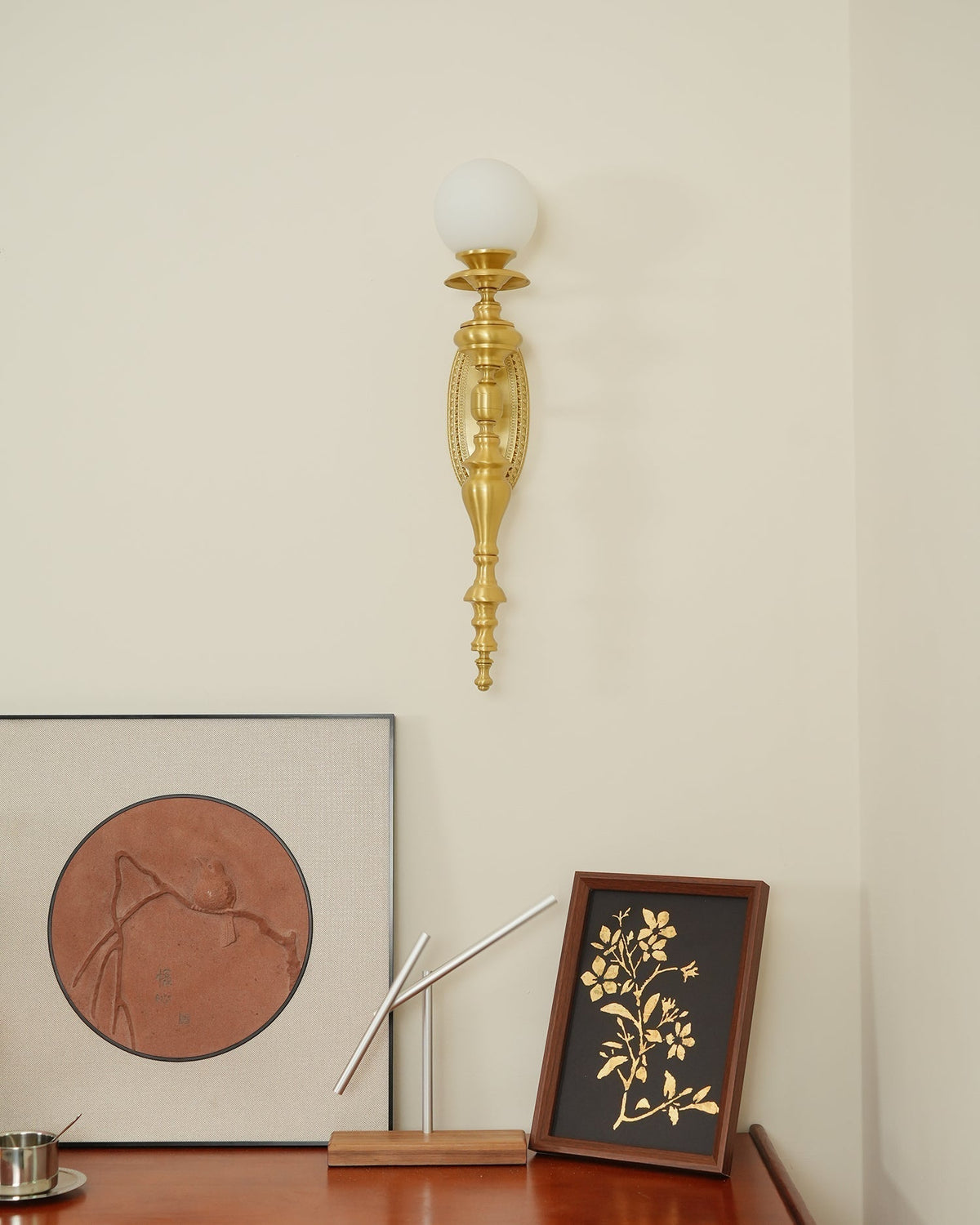 Wall Lamp Sculpted Brass Body Globe Shade Classic Elegant Statement-Neutral Decor