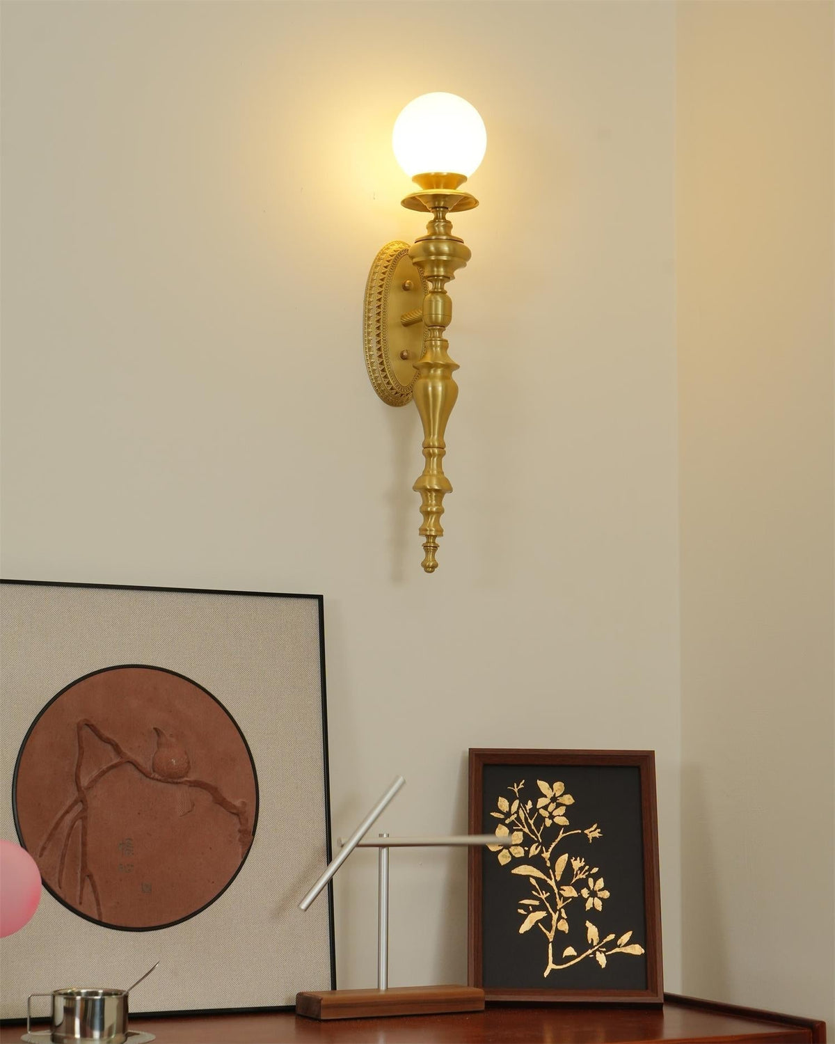 Wall Lamp Sculpted Brass Body Globe Shade Classic Elegant Statement-Neutral Decor