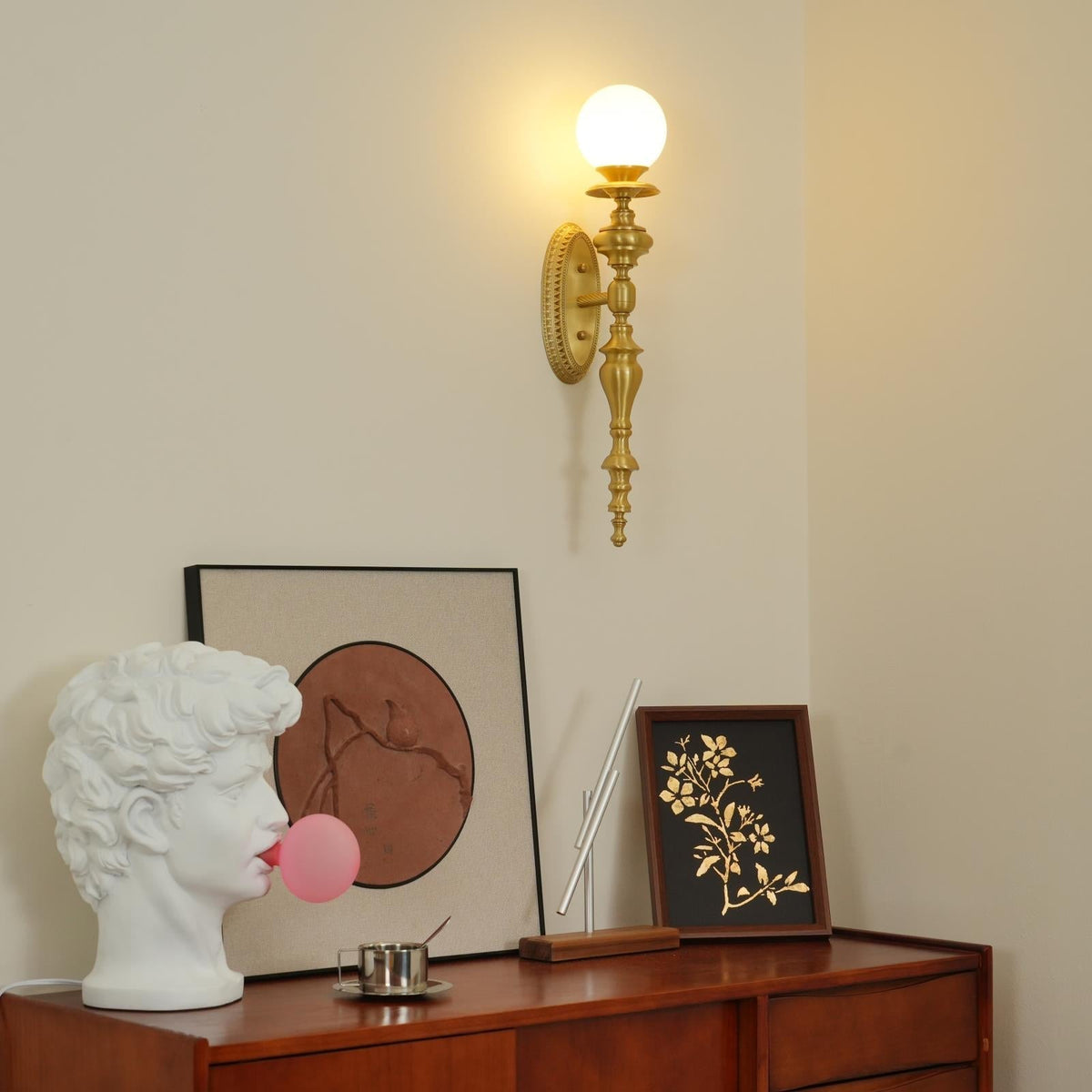 Wall Lamp Sculpted Brass Body Globe Shade Classic Elegant Statement-Neutral Decor