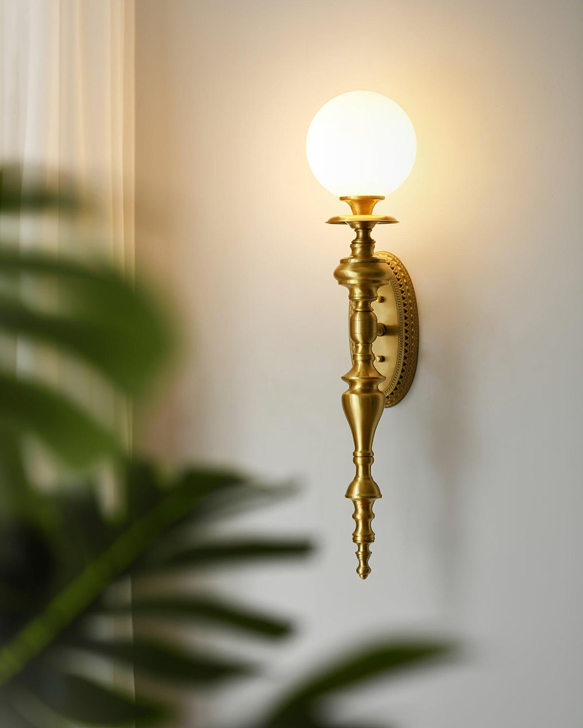 Wall Lamp Sculpted Brass Body Globe Shade Classic Elegant Statement-Neutral Decor