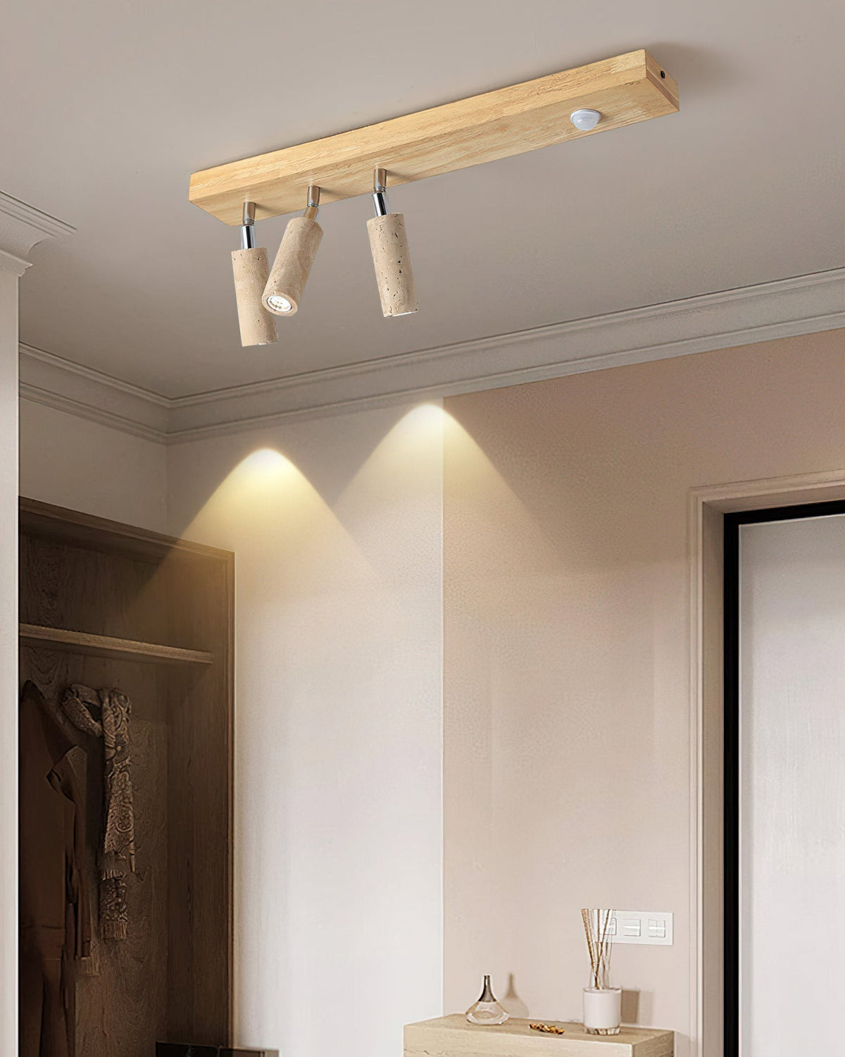 Detail shot of the natural wood grain on the Berge ceiling light's base.