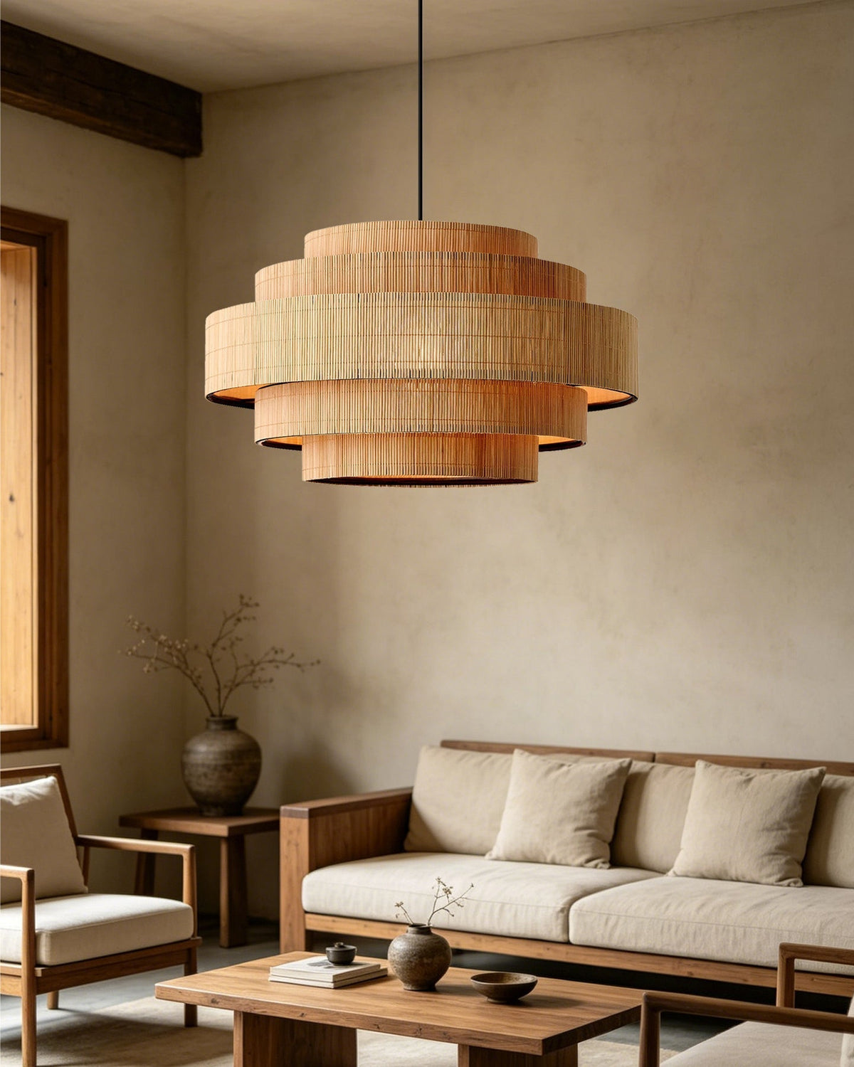 The Calista pendant light in the natural rattan finish, highlighting its organic texture.