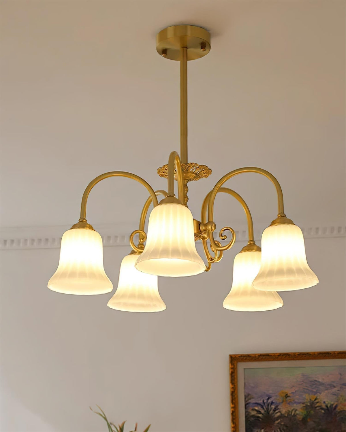 Chandelier with Brass Arms White Glass Shades Opulent Luxe-Neutral Decor