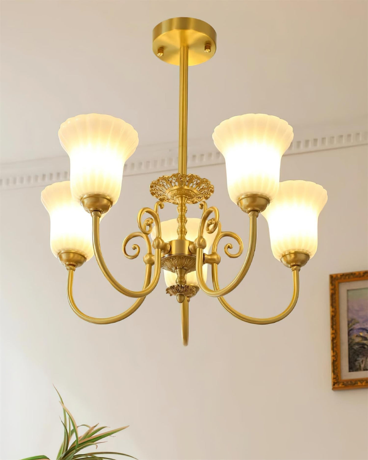 Chandelier with Brass Arms White Glass Shades Opulent Luxe-Neutral Decor
