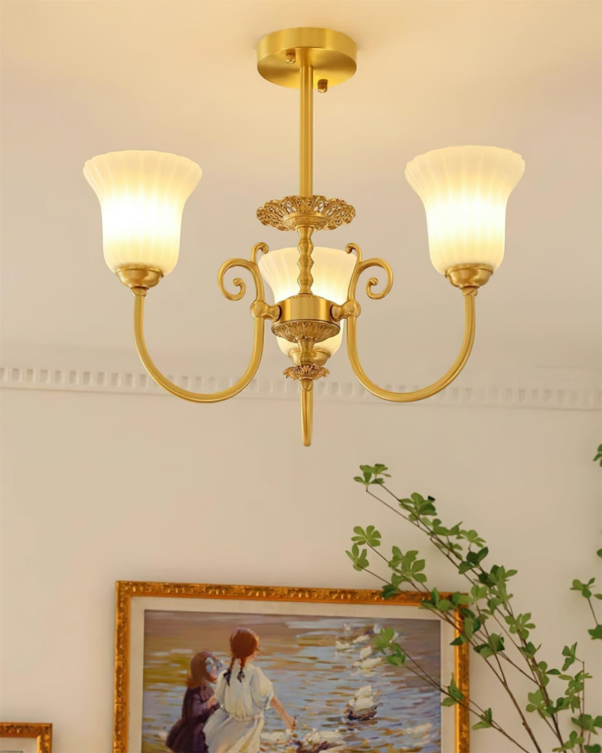Chandelier with Brass Arms White Glass Shades Opulent Luxe-Neutral Decor