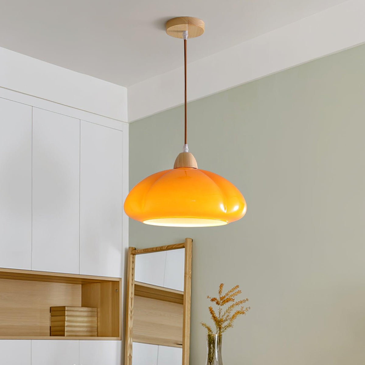 Pendant Lamp Rounded Glass Shade Wood Accent Playful Modern Touch-Neutral Decor