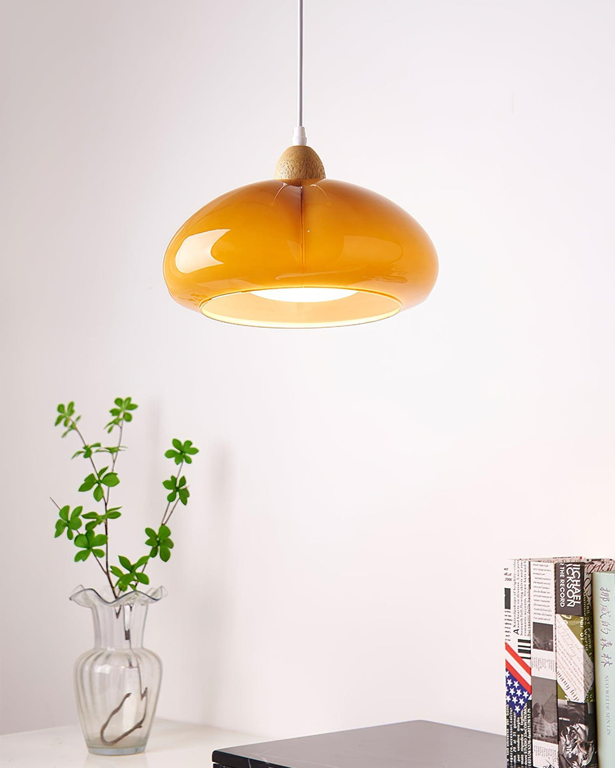 Pendant Lamp Rounded Glass Shade Wood Accent Playful Modern Touch-Neutral Decor