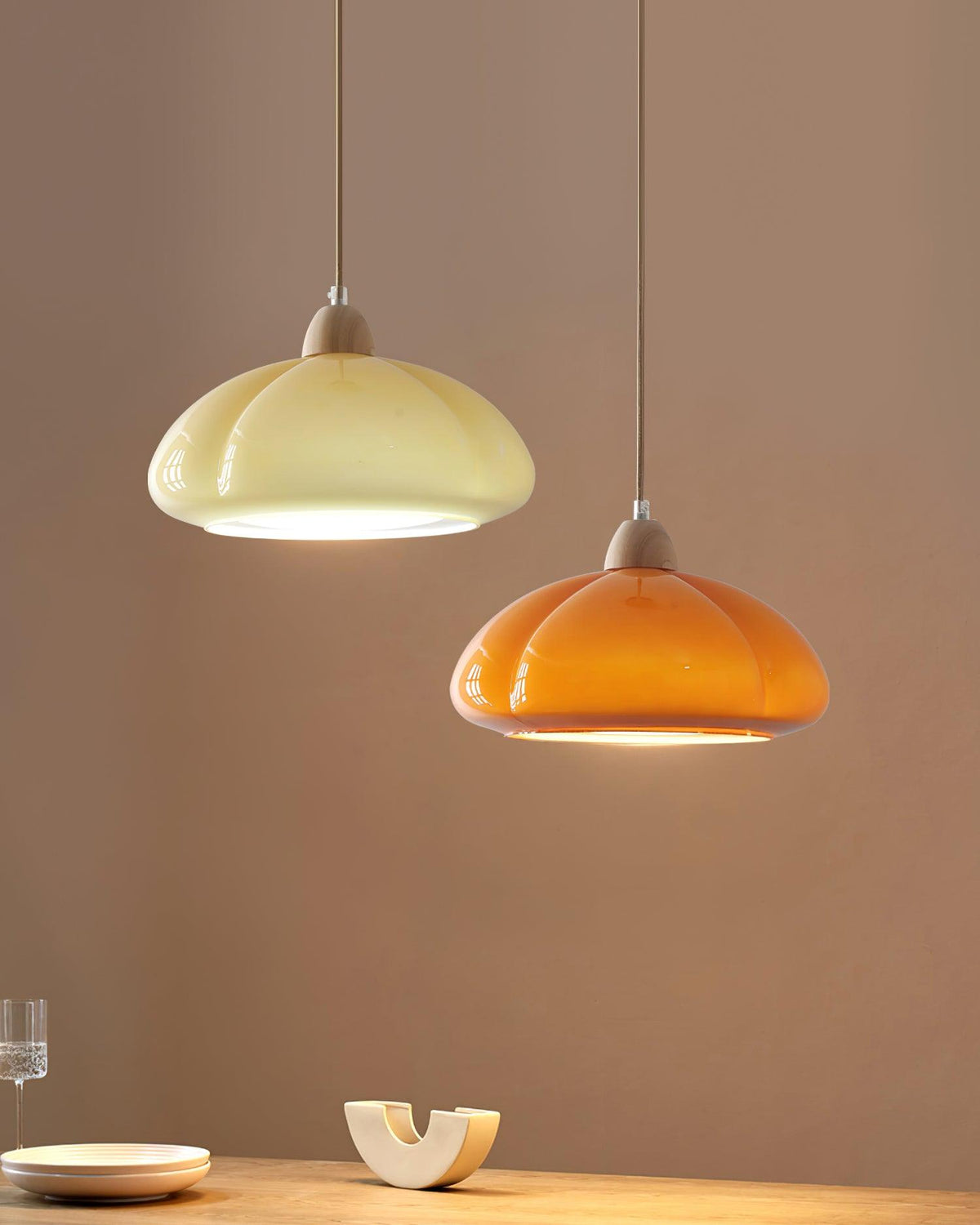 Pendant Lamp Rounded Glass Shade Wood Accent Playful Modern Touch-Neutral Decor