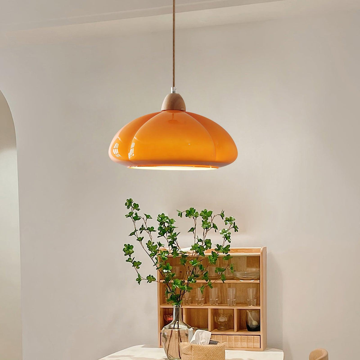 Pendant Lamp Rounded Glass Shade Wood Accent Playful Modern Touch-Neutral Decor