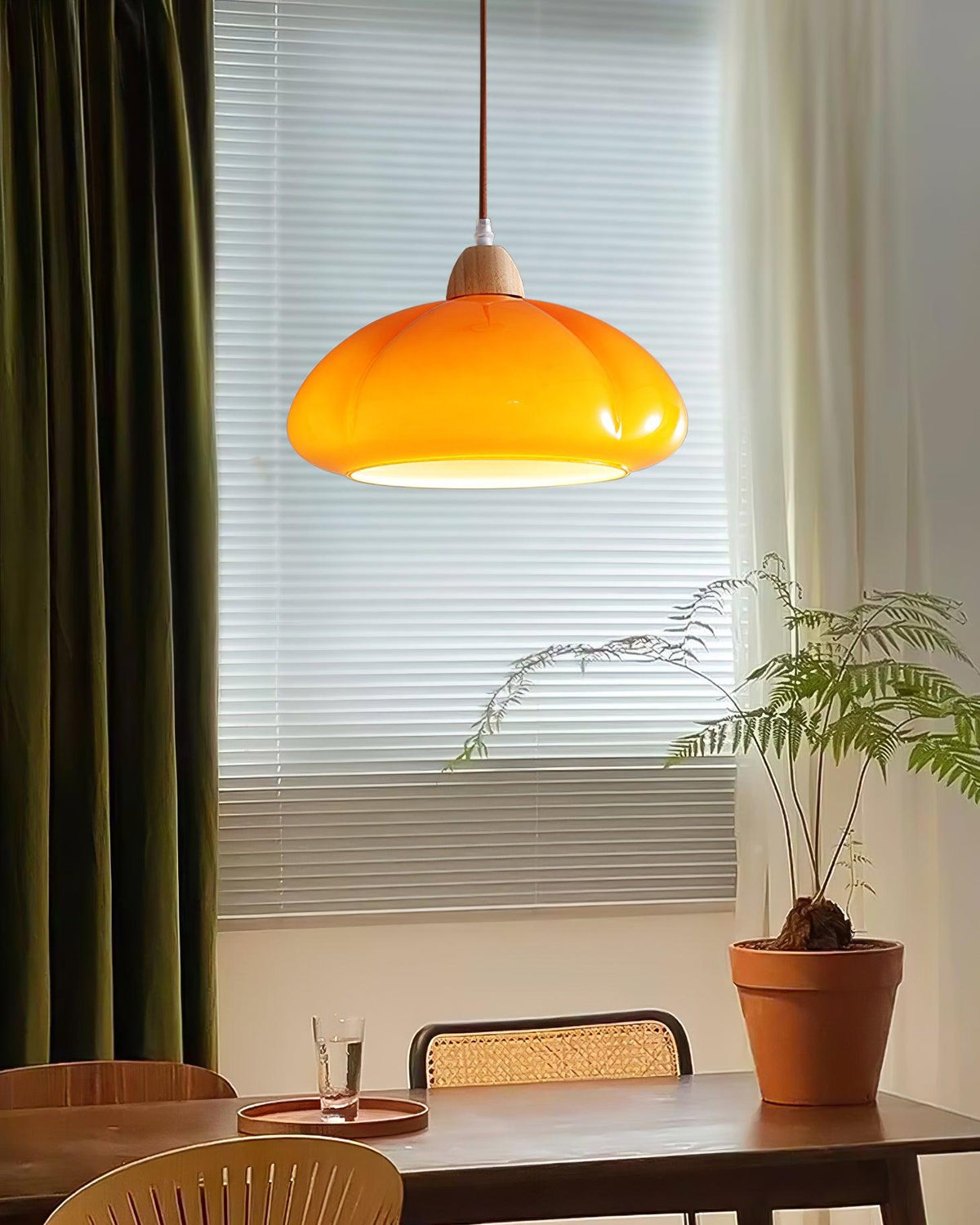 Pendant Lamp Rounded Glass Shade Wood Accent Playful Modern Touch-Neutral Decor