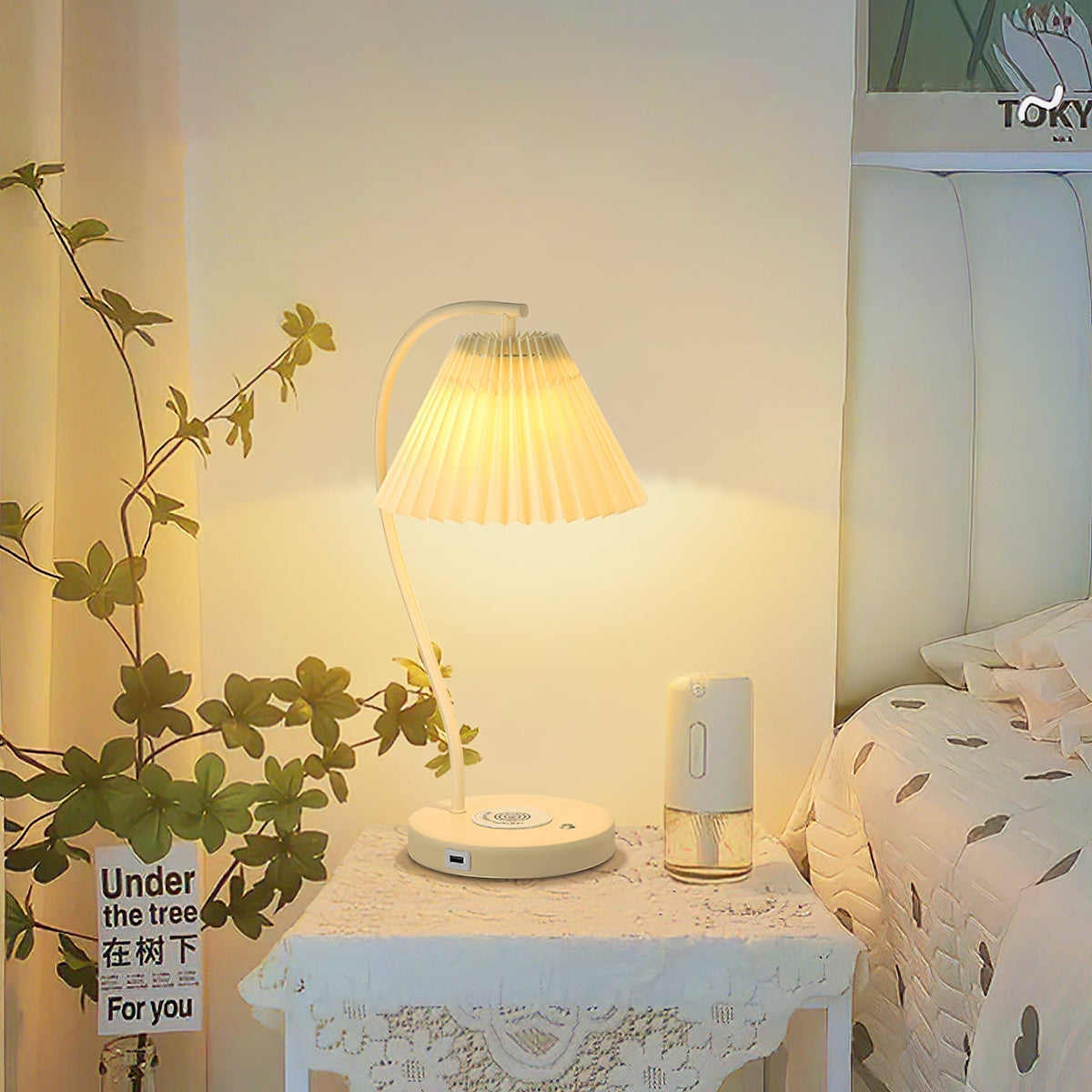 Muto Lampe de Table Plissé Nordique, Métal/Fibre, Blanc/Beige, Salon