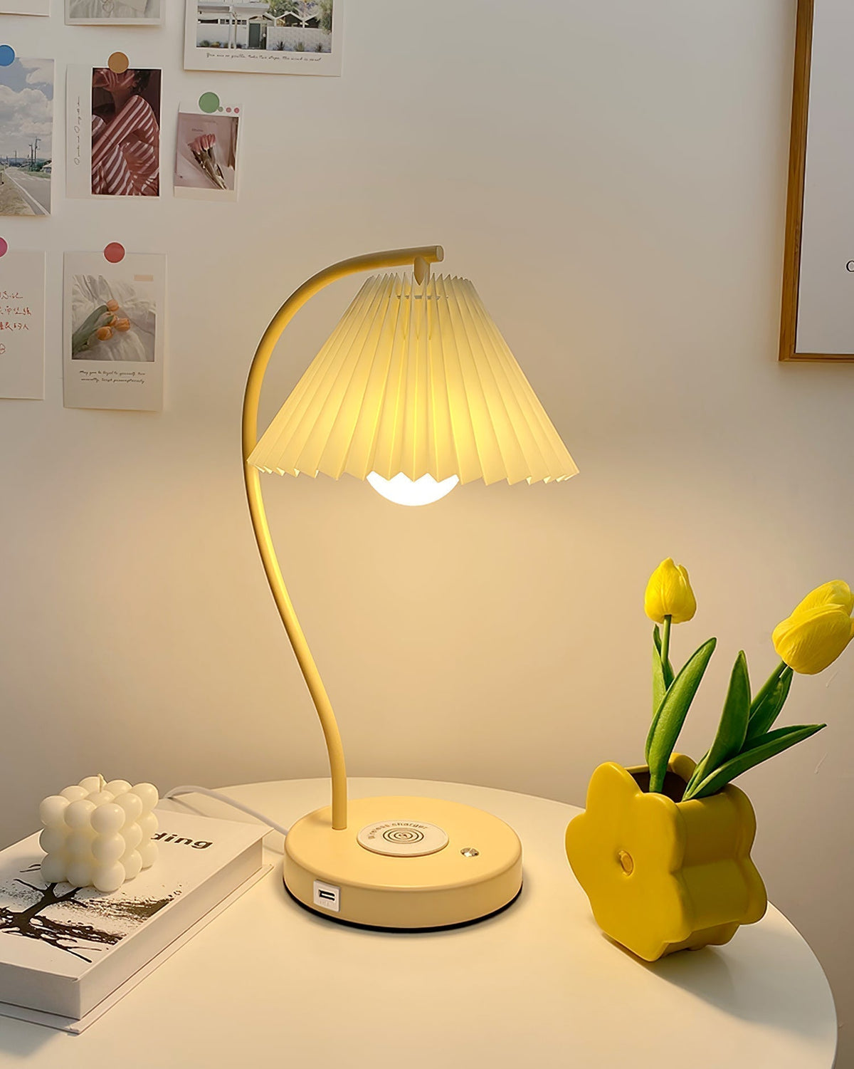 Muto Lampe de Table Plissé Nordique, Métal/Fibre, Blanc/Beige, Salon