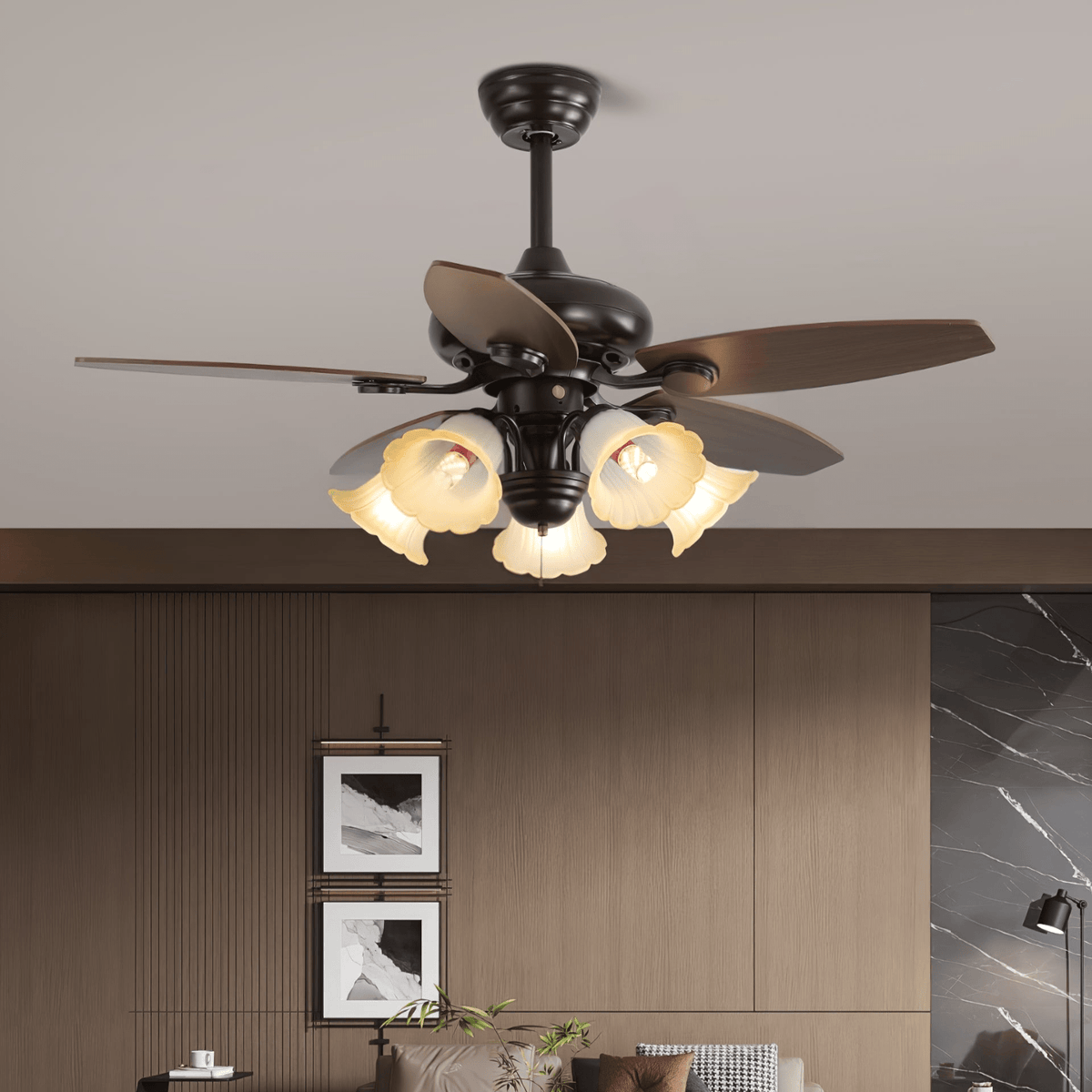 Plafonnier ventilateur Florence Vintage en bois et verre