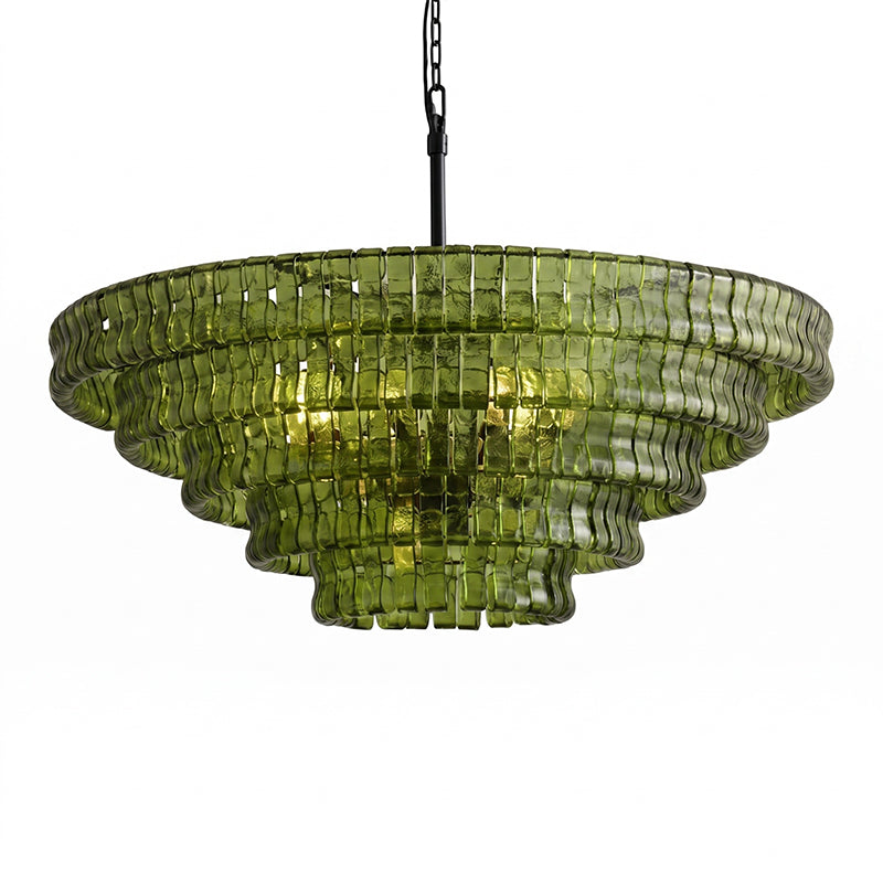 The Ghiaccio Chandelier in Clear finish, lit and sparkling.
