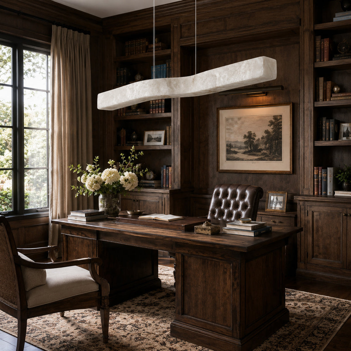 Close-up of the Camur chandelier showing the translucent alabaster and brass detail.