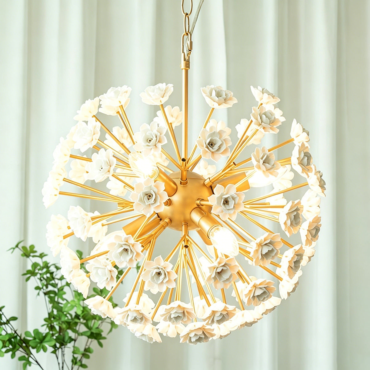 Close-up of the white ceramic petals on the Gillian Sputnik Chandelier.
