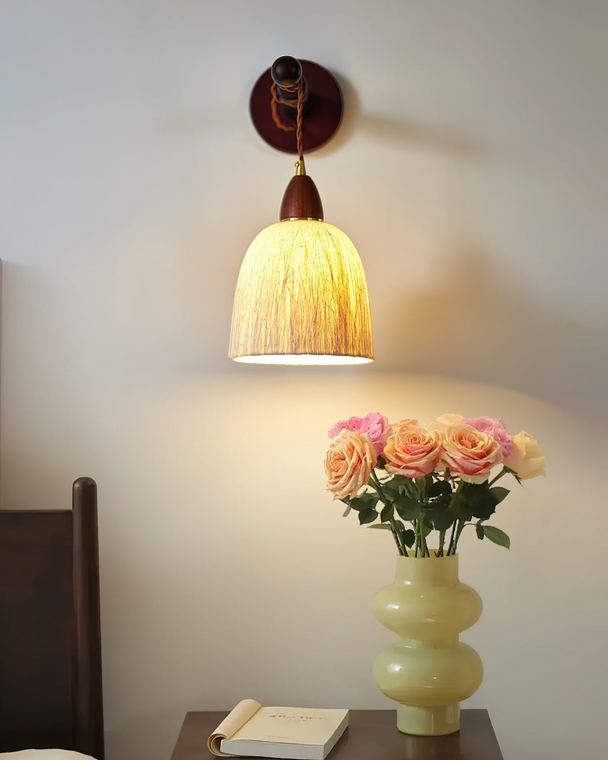 Wall Lamp Rice Paper Shade Wood Arm-Neutral Decor