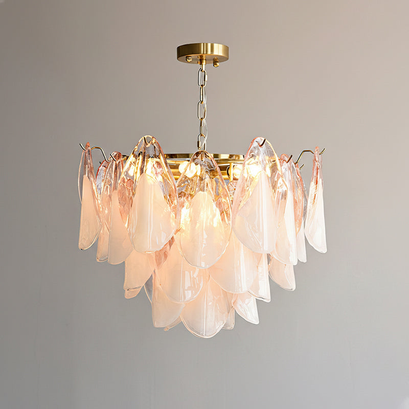 Pink version of the Foliage Glass Chandelier against a neutral wall
