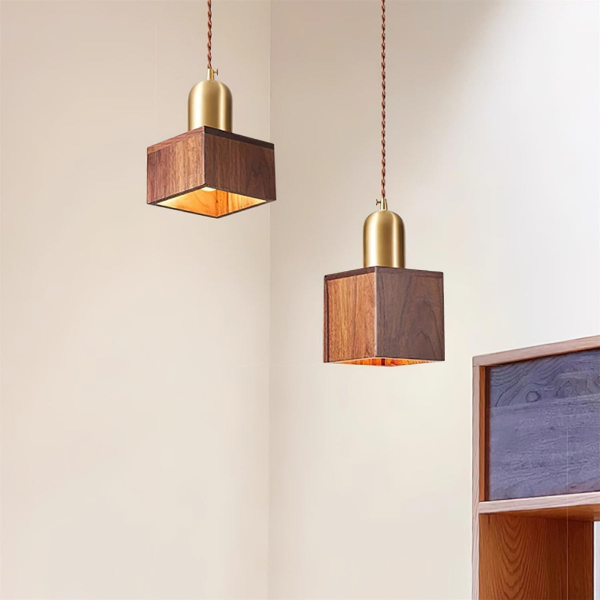 Wood Pendant Lamp Assorted Shapes in Solid Wood and Brass-Neutral Decor