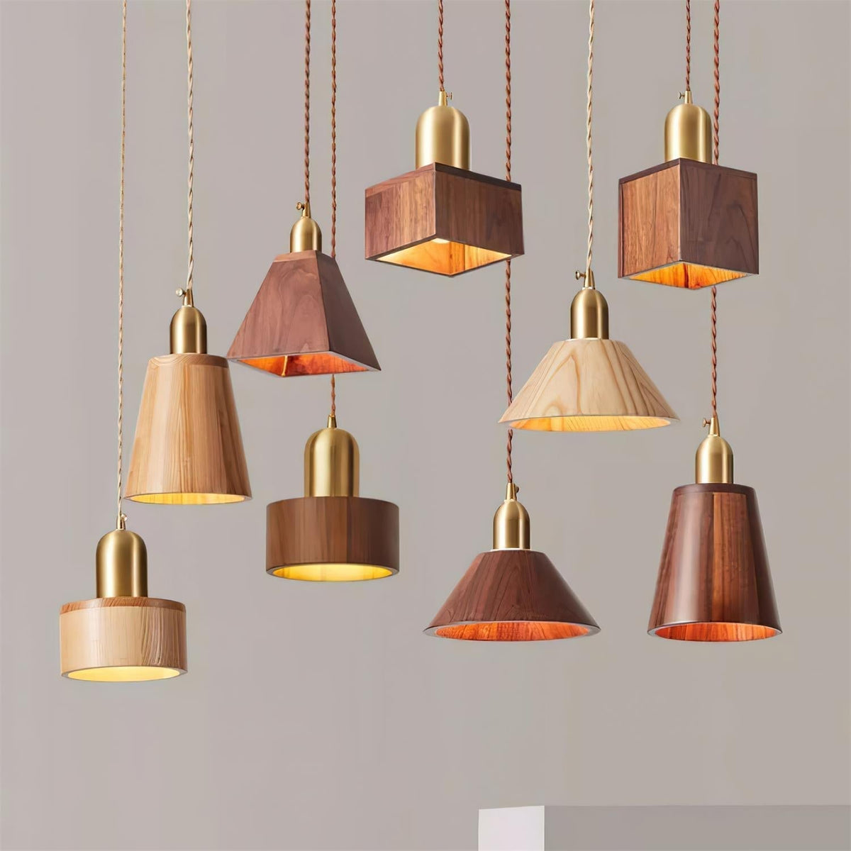 Wood Pendant Lamp Assorted Shapes in Solid Wood and Brass-Neutral Decor