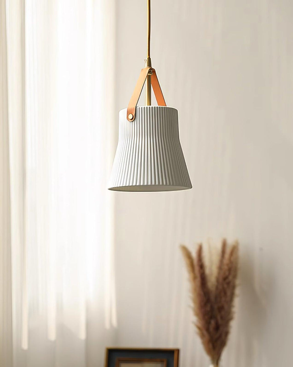 Pendant Lamp Ceramic Ribbed Shade Brass Leather Strap Modern-Neutral Decor