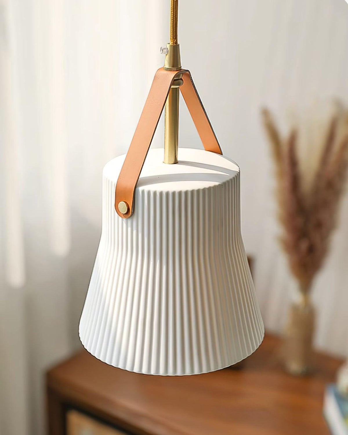Pendant Lamp Ceramic Ribbed Shade Brass Leather Strap Modern-Neutral Decor