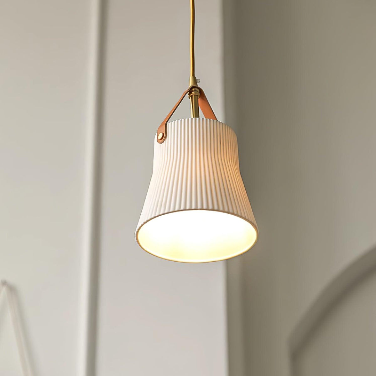 Pendant Lamp Ceramic Ribbed Shade Brass Leather Strap Modern-Neutral Decor