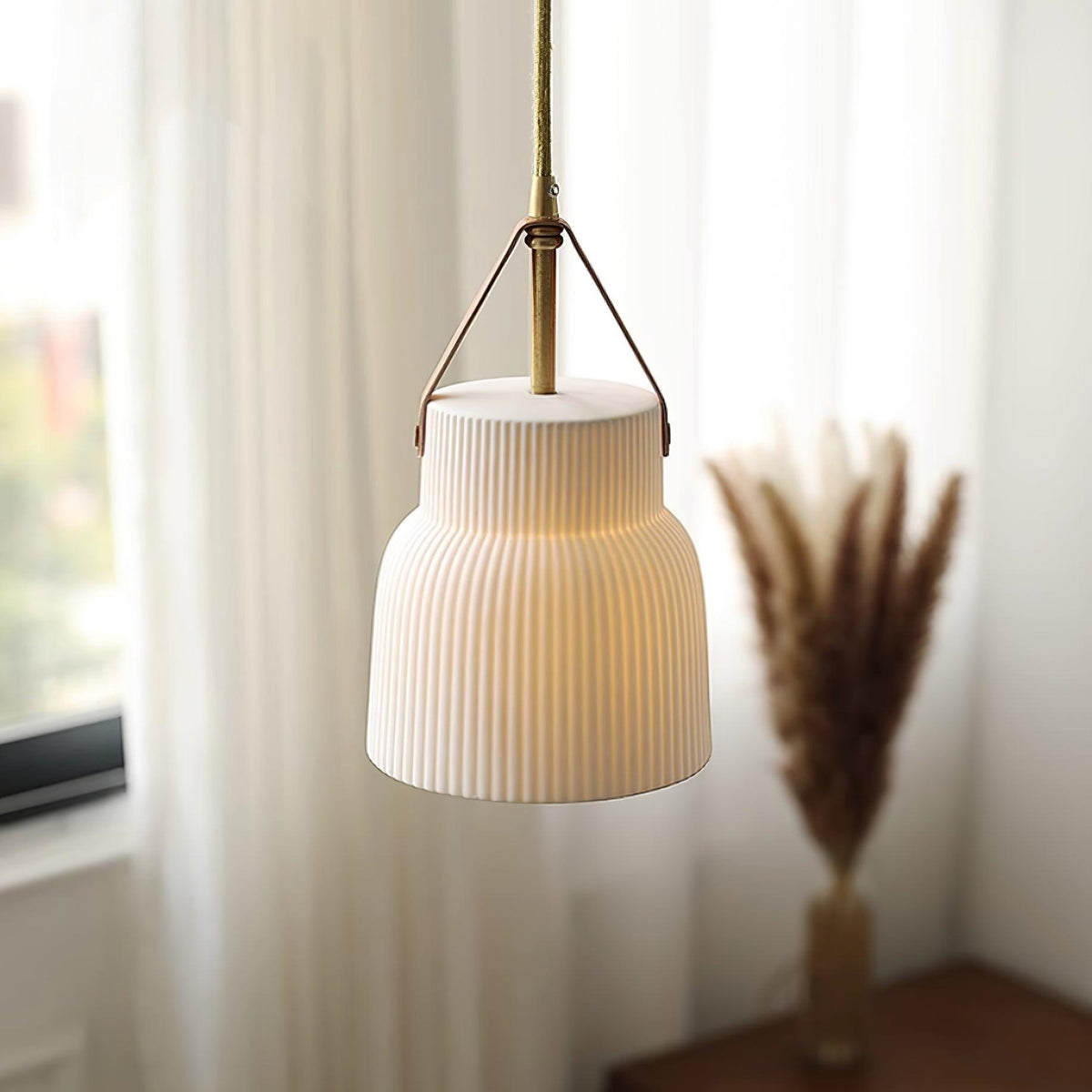 Pendant Lamp Ceramic Ribbed Shade Brass Leather Strap Modern-Neutral Decor