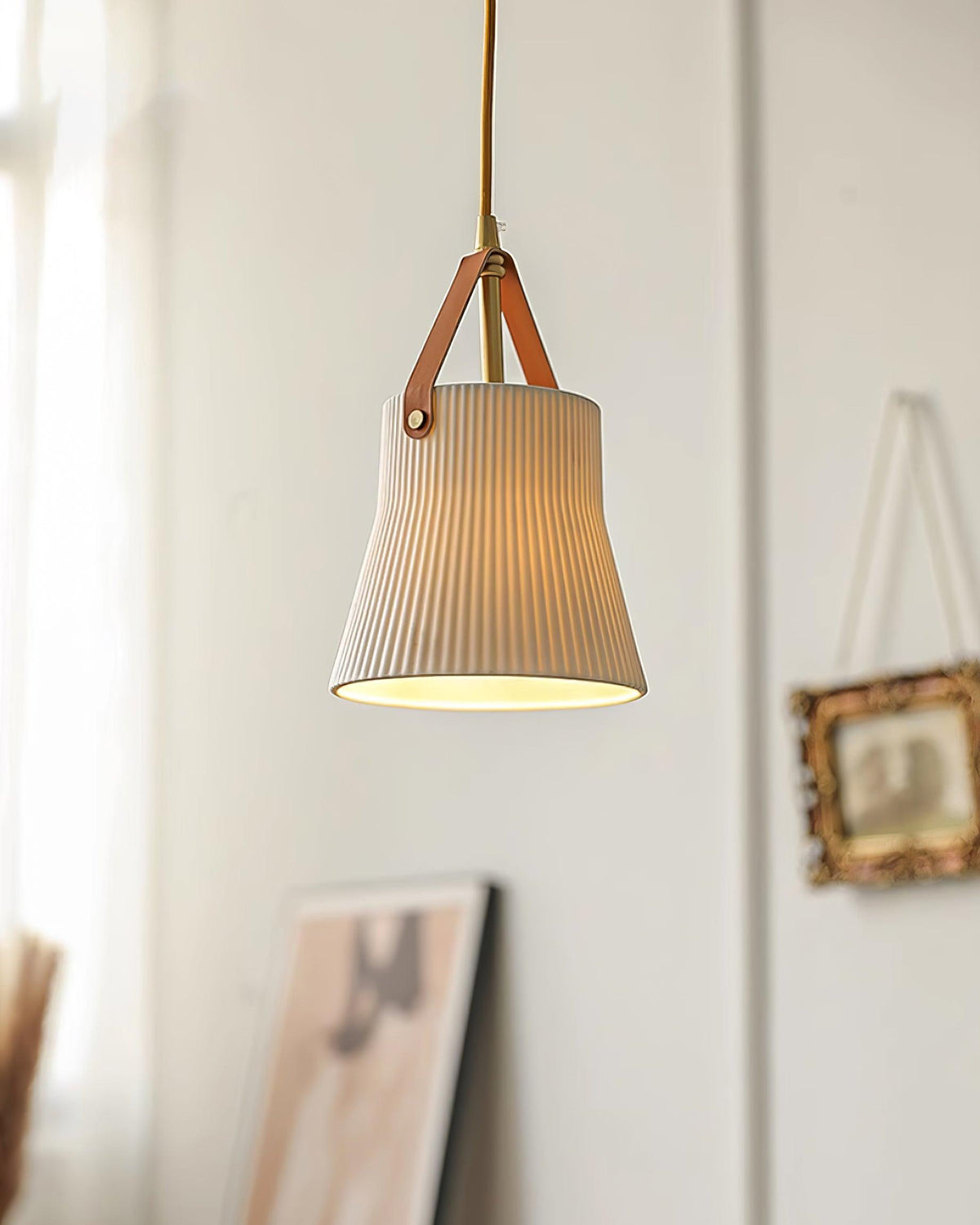 Pendant Lamp Ceramic Ribbed Shade Brass Leather Strap Modern-Neutral Decor