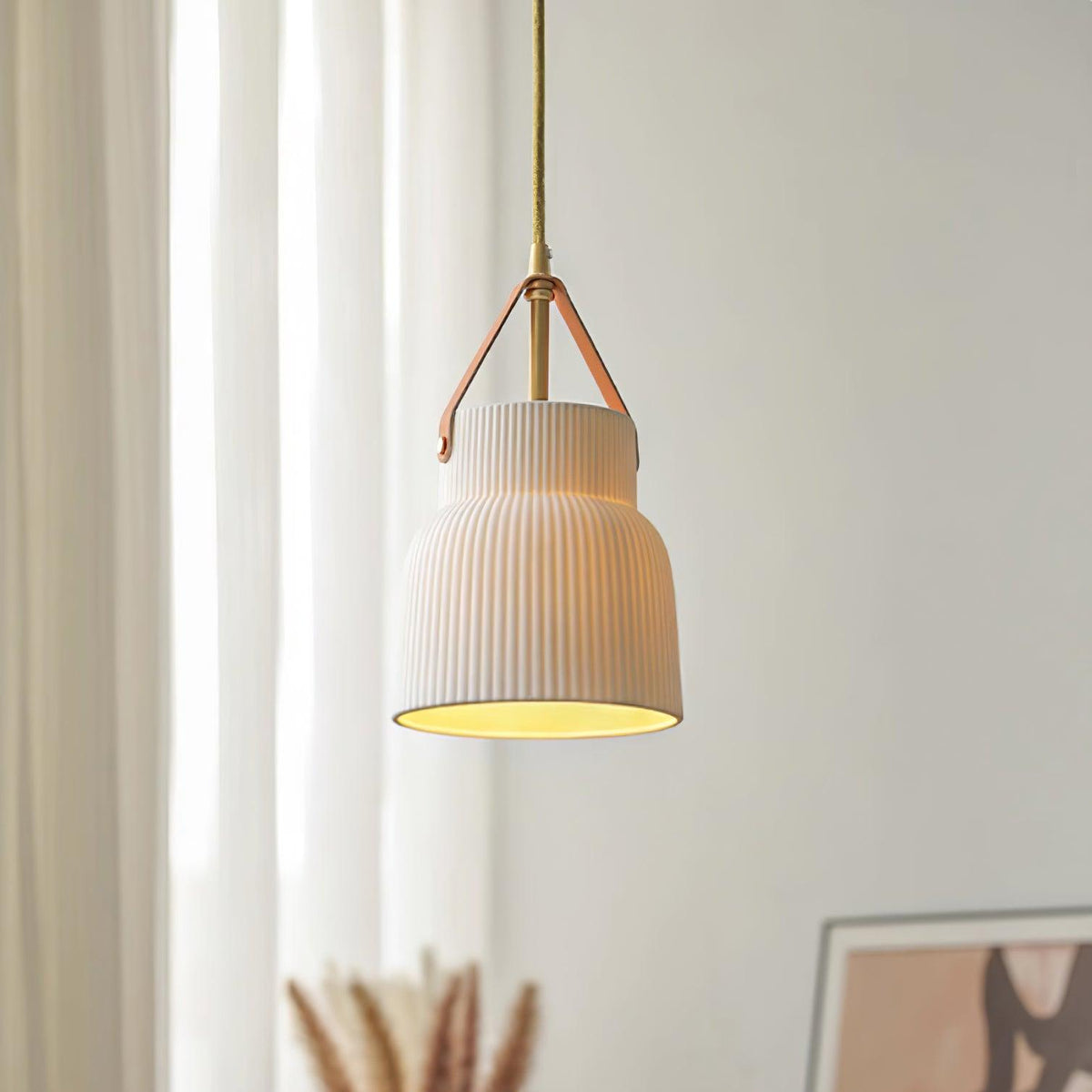 Pendant Lamp Ceramic Ribbed Shade Brass Leather Strap Modern-Neutral Decor