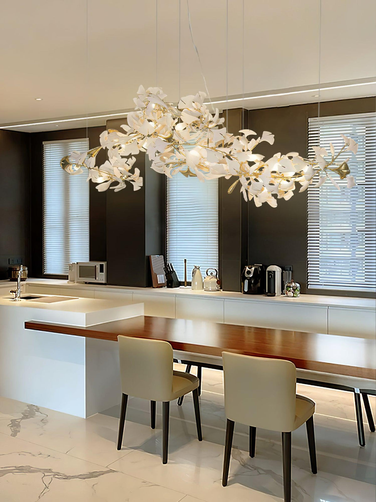 Chandelier White Ceramic Ginkgo Petals Gold-Neutral Decor