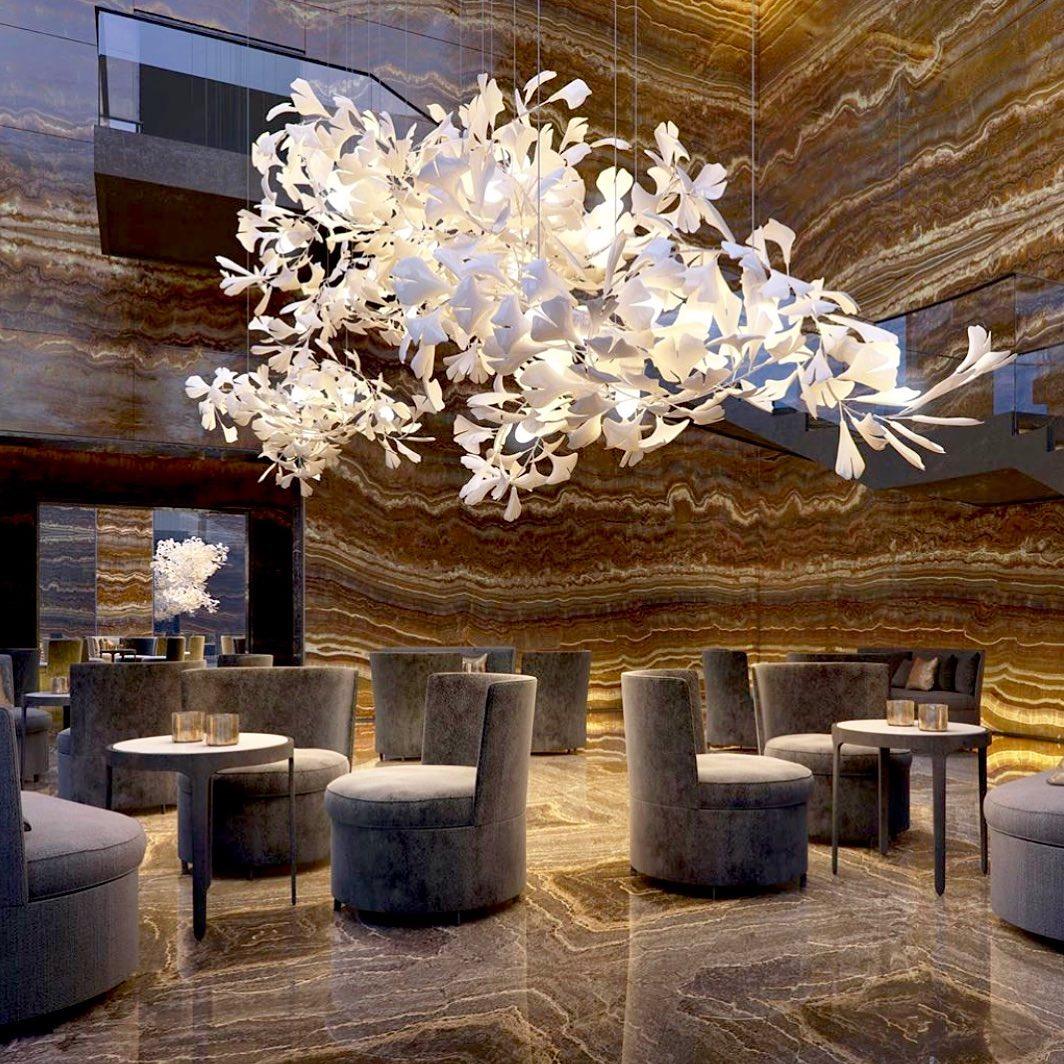 Chandelier White Ceramic Ginkgo Petals Gold-Neutral Decor