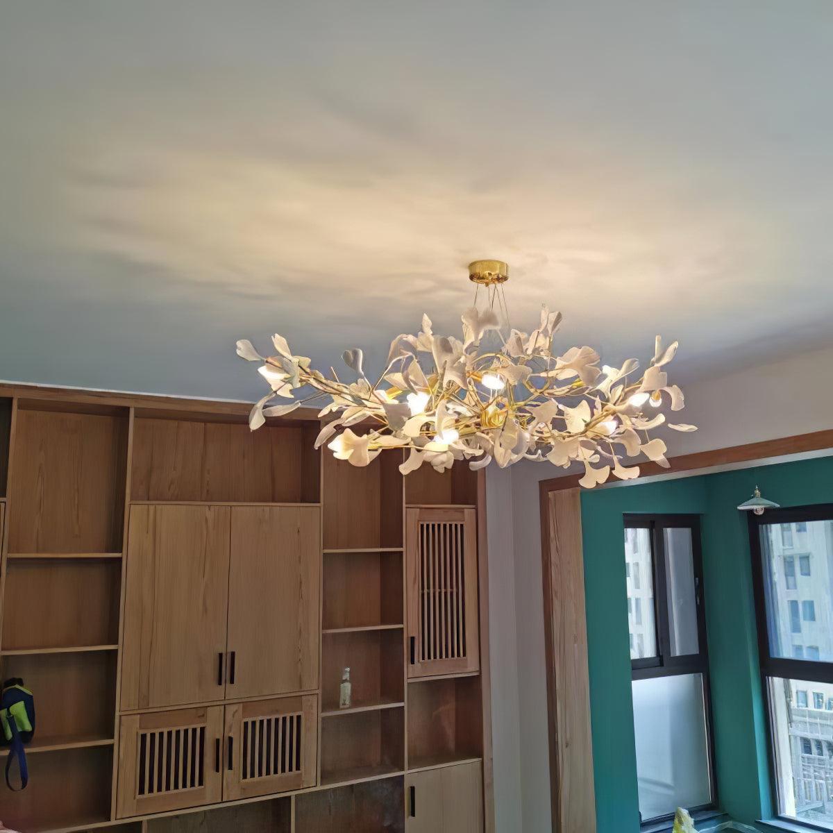 Chandelier White Ceramic Ginkgo Petals Gold-Neutral Decor
