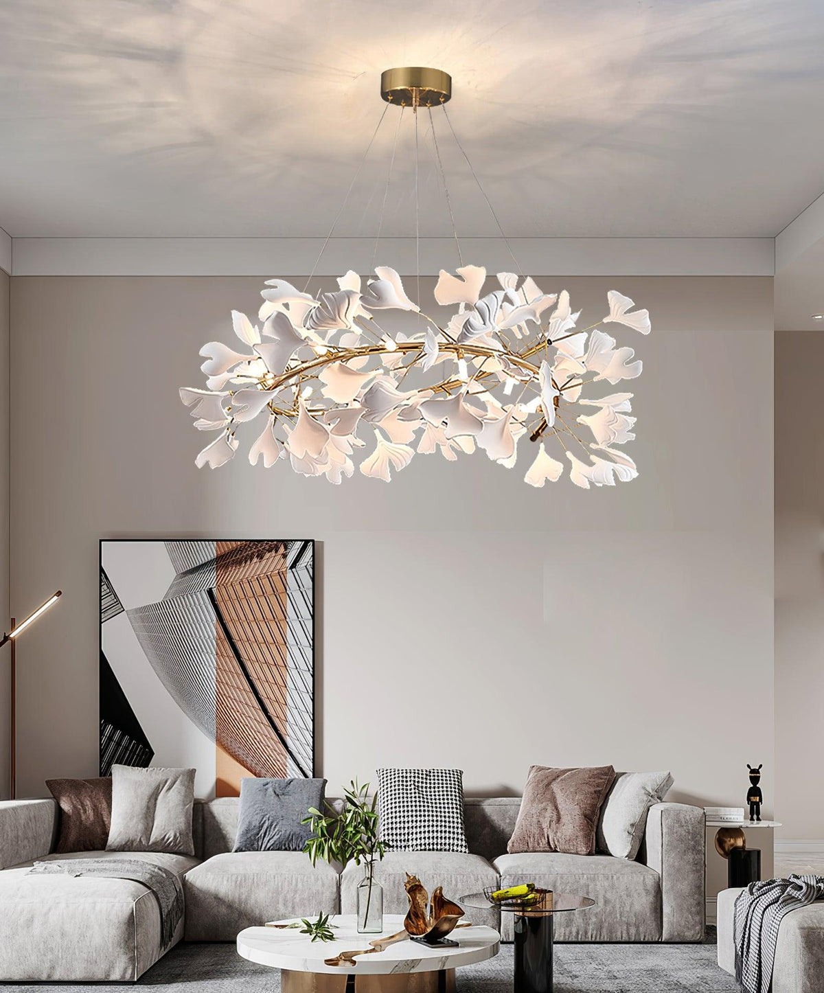 Chandelier White Ceramic Ginkgo Petals U-Neutral Decor