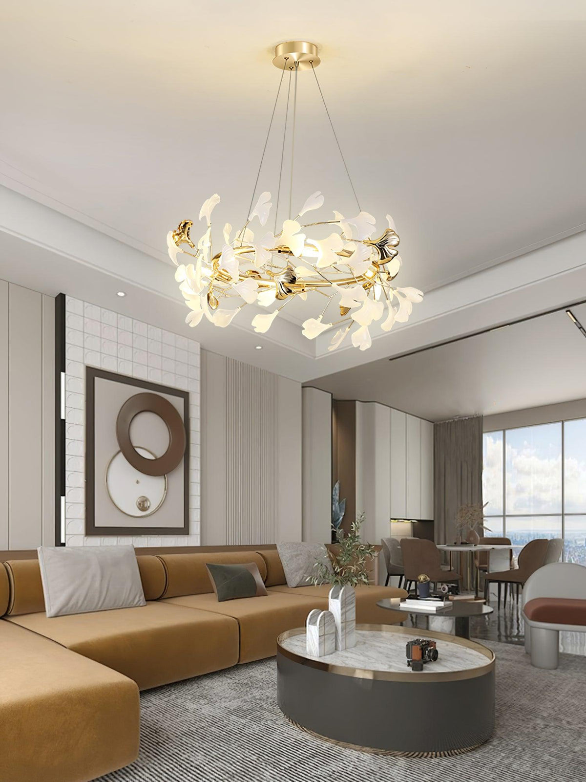 Chandelier White Ceramic Ginkgo Petals U-Neutral Decor