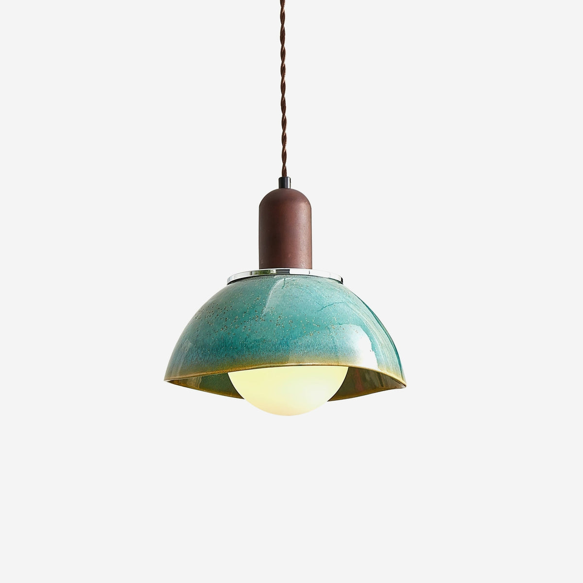 Pendant Lamp Ceramic Glazed Dome Walnut Wood Rustic Ambient Glow-Neutral Decor