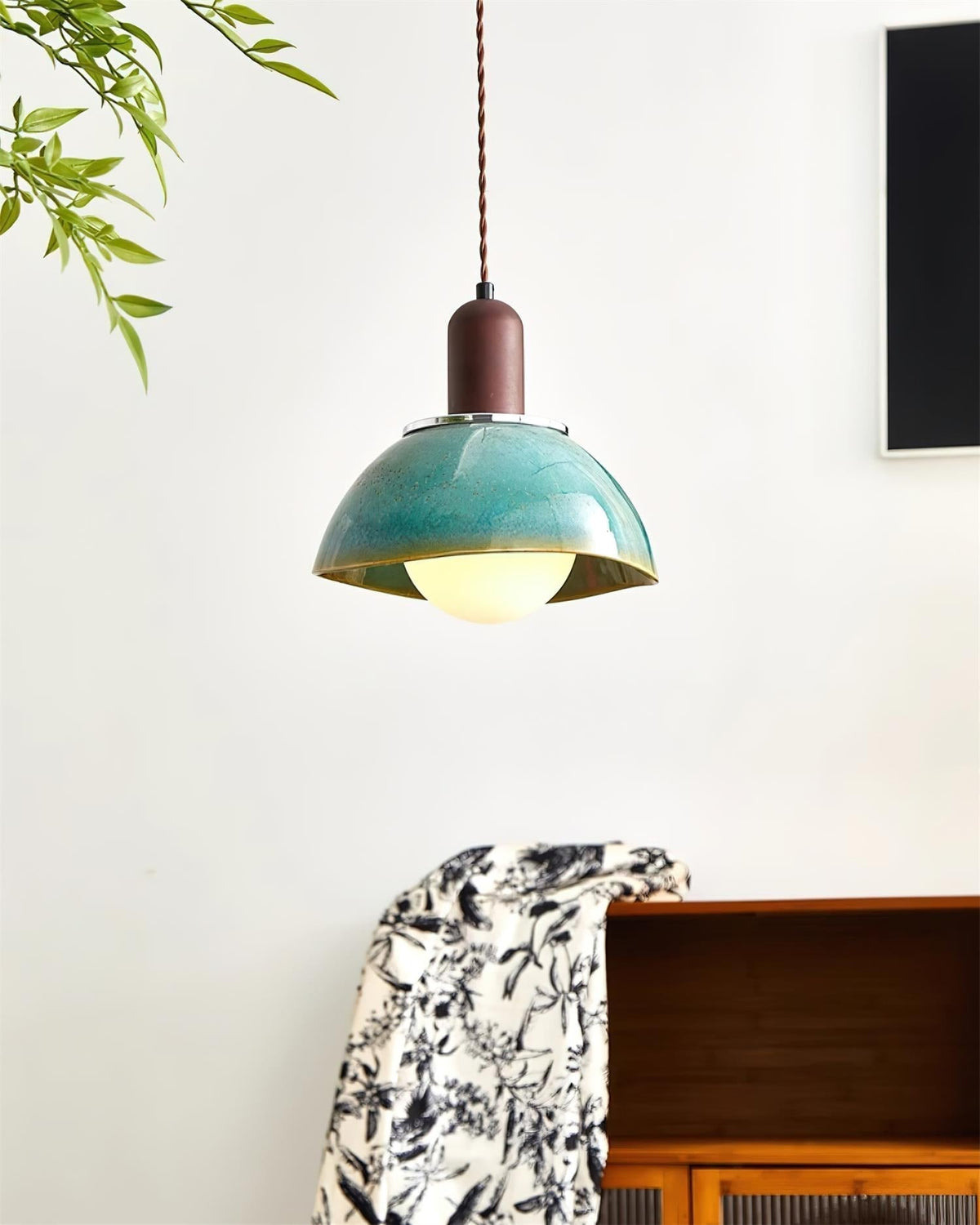 Pendant Lamp Ceramic Glazed Dome Walnut Wood Rustic Ambient Glow-Neutral Decor