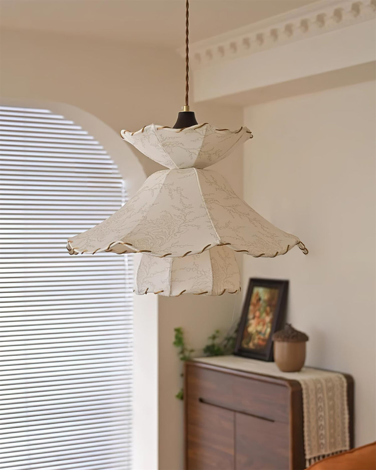 Pendant Lamp Scalloped Layered Fabric Shade Wood Minimalist-Neutral Decor
