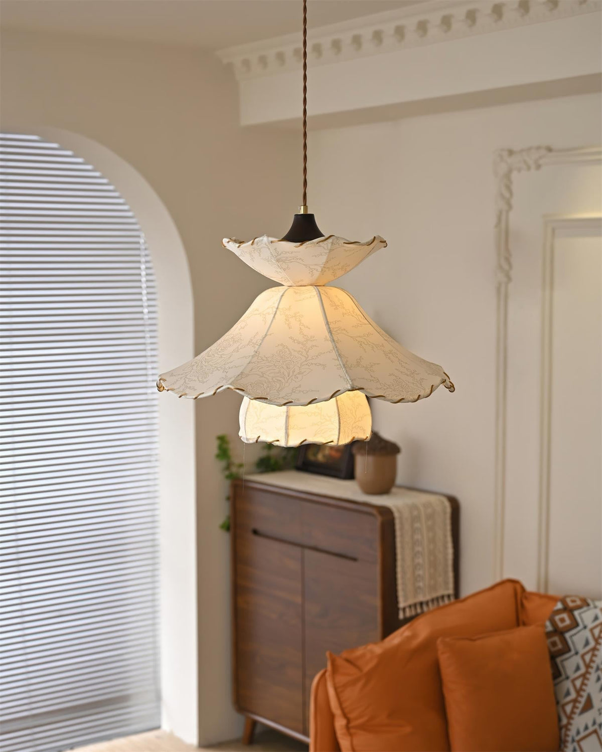 Pendant Lamp Scalloped Layered Fabric Shade Wood Minimalist-Neutral Decor