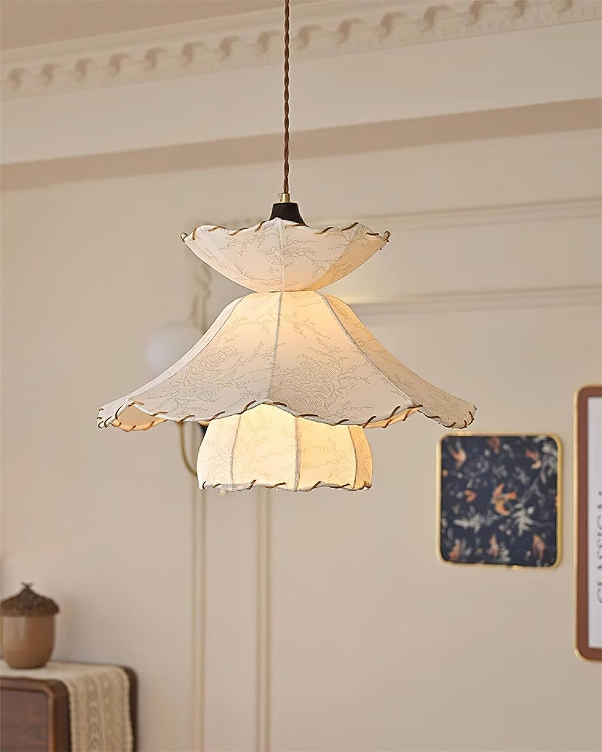 Pendant Lamp Scalloped Layered Fabric Shade Wood Minimalist-Neutral Decor