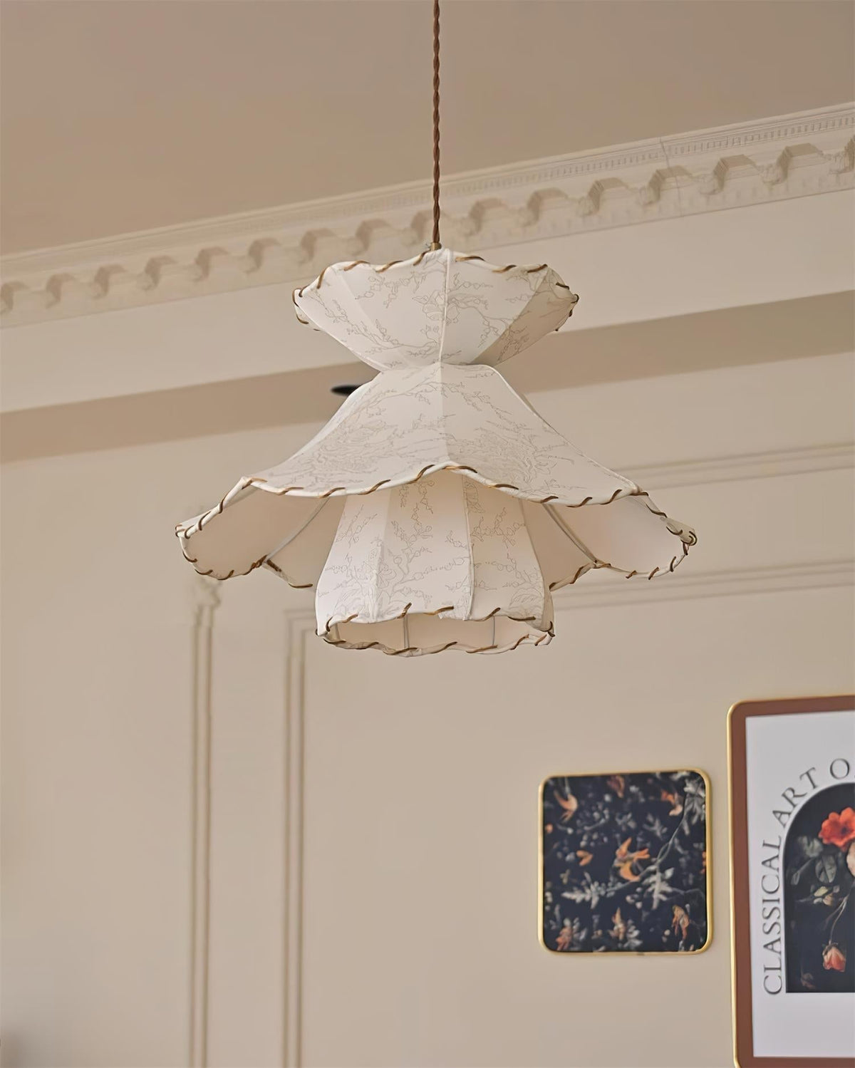 Pendant Lamp Scalloped Layered Fabric Shade Wood Minimalist-Neutral Decor