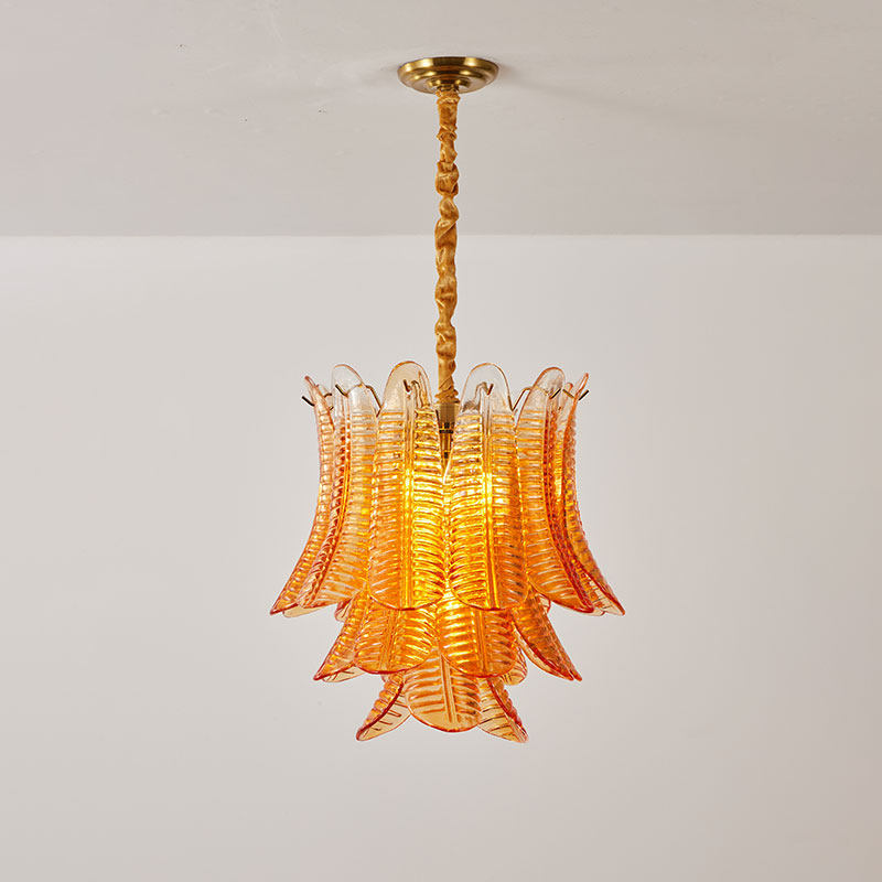 The Isolde Chandelier turned off, showcasing the intricate detail of the glass.