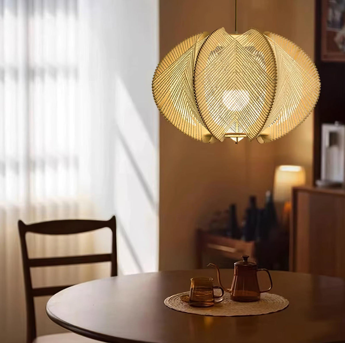 Vanto Pendant Light with Fabric Shade, Wooden Frame, and Wire Detail-Neutral Decor