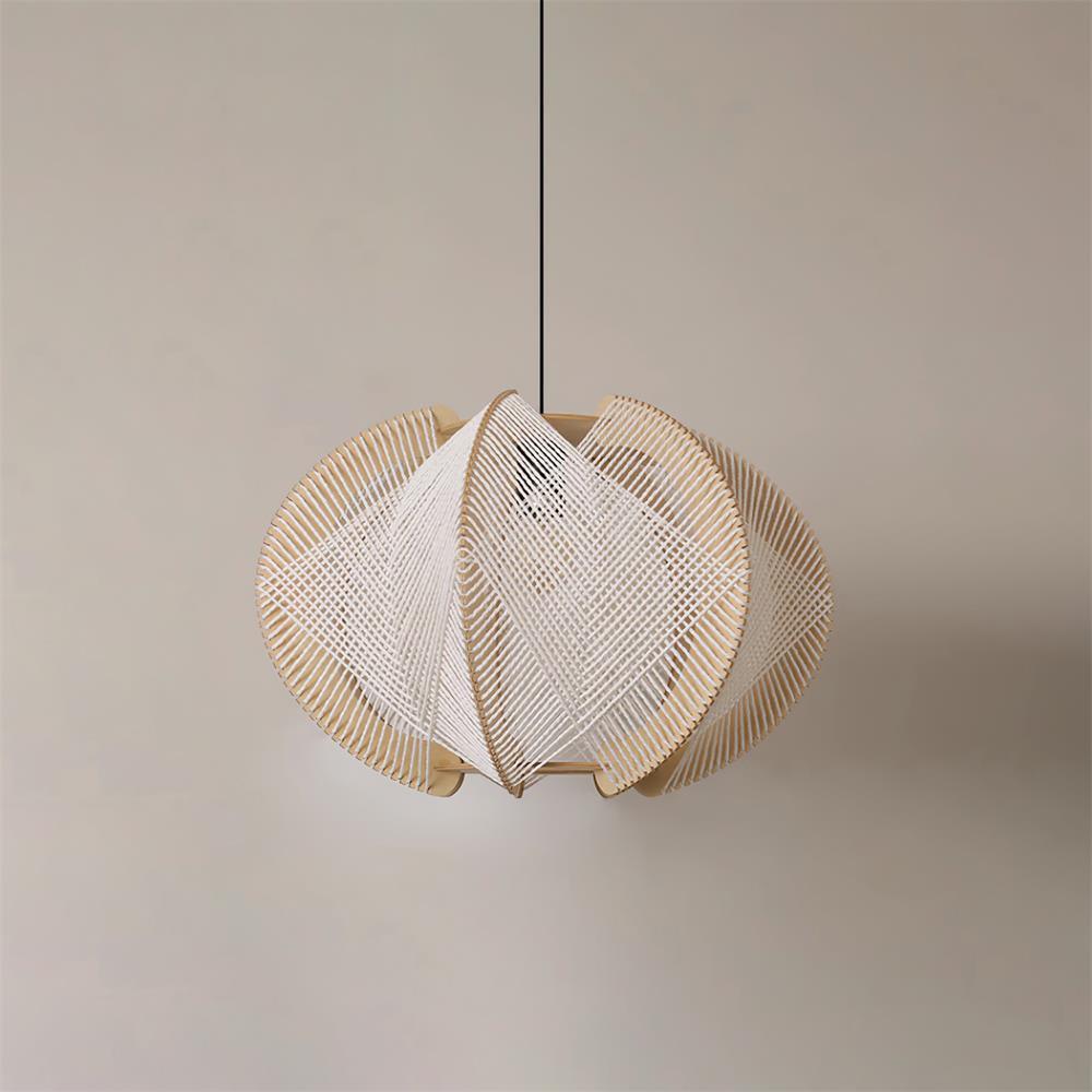 Vanto Pendant Light with Fabric Shade, Wooden Frame, and Wire Detail-Neutral Decor