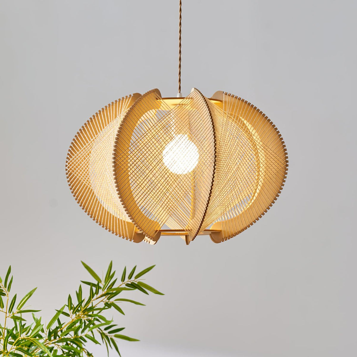 Vanto Pendant Light with Fabric Shade, Wooden Frame, and Wire Detail-Neutral Decor