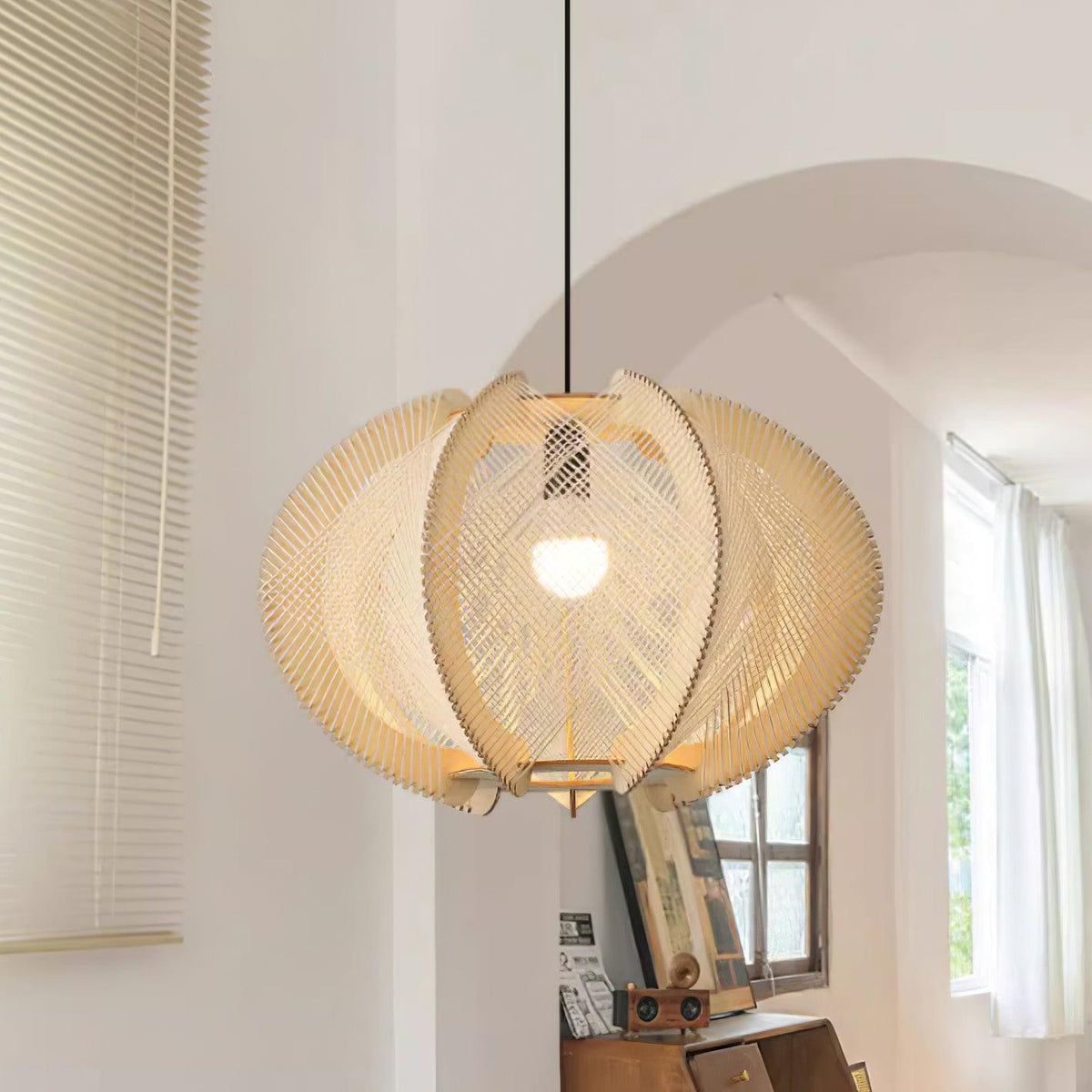 Vanto Pendant Light with Fabric Shade, Wooden Frame, and Wire Detail-Neutral Decor