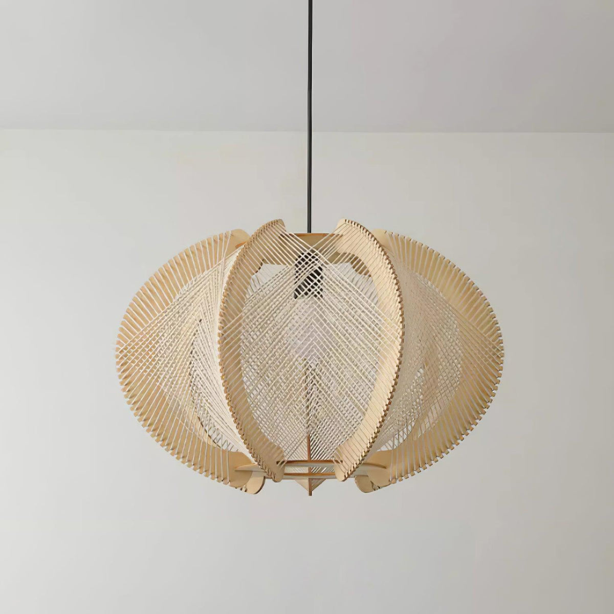 Vanto Pendant Light with Fabric Shade, Wooden Frame, and Wire Detail-Neutral Decor