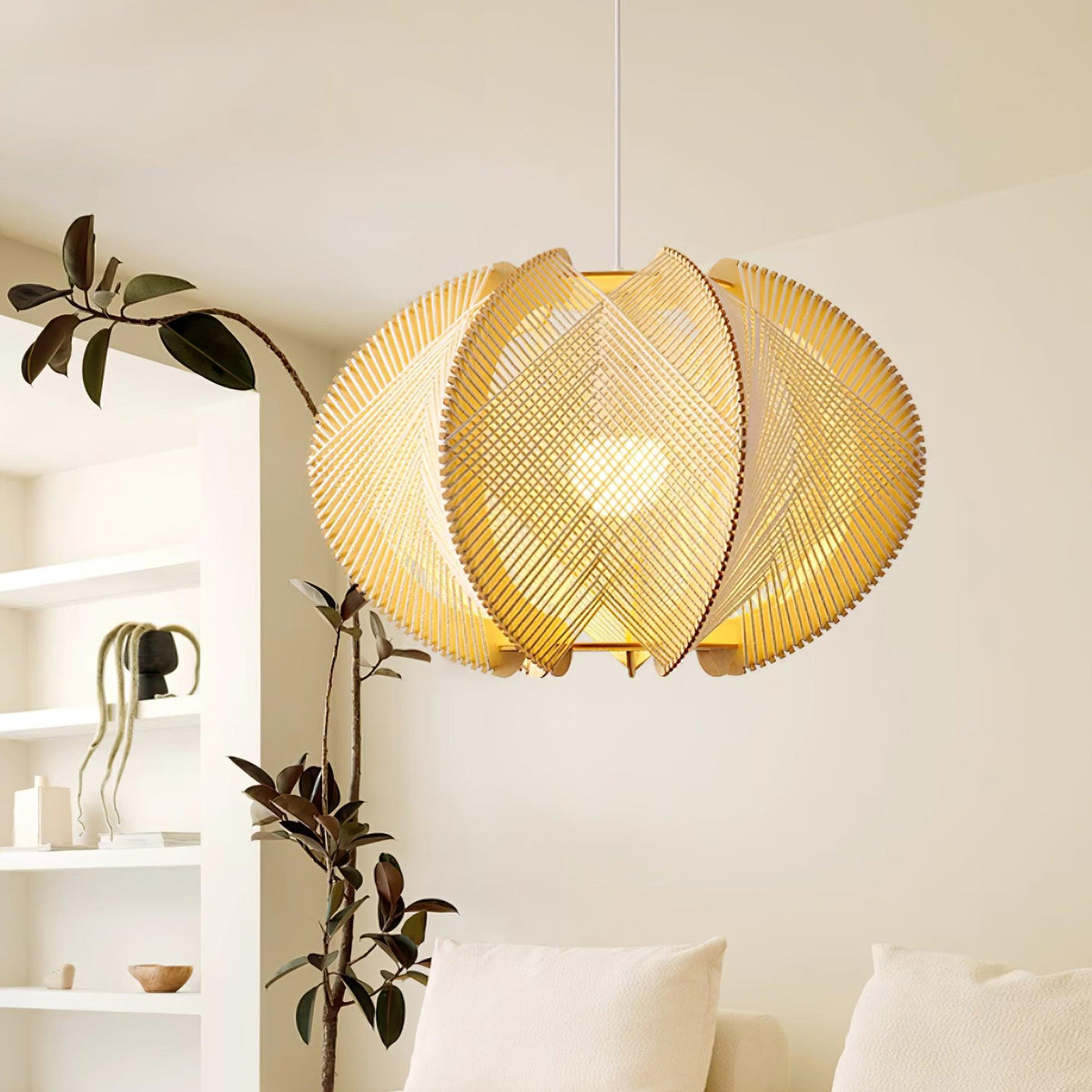 Vanto Pendant Light with Fabric Shade, Wooden Frame, and Wire Detail-Neutral Decor